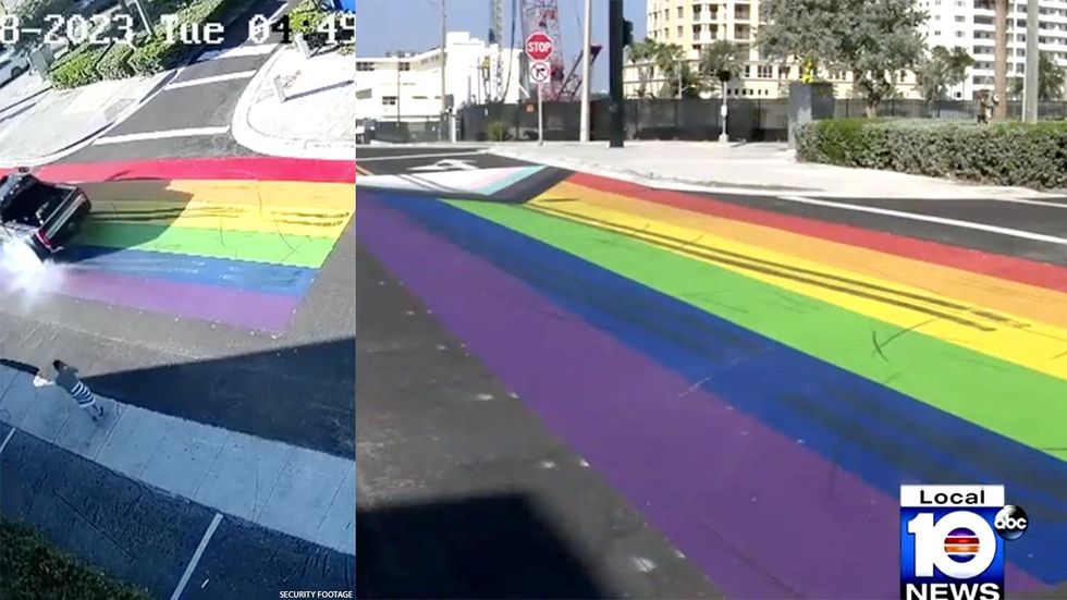 Video captured the two men in a black pickup truck vandalizing the Progress Pride Street Mural in Florida