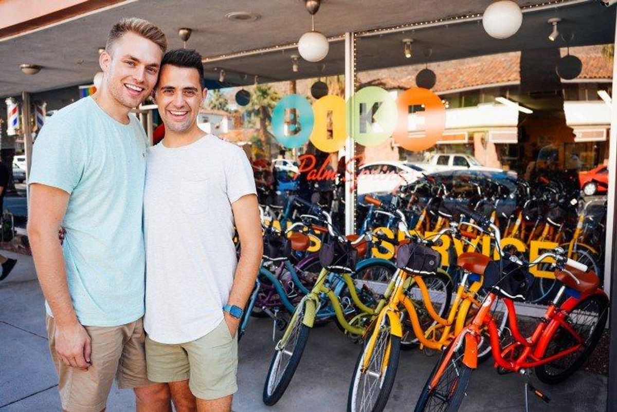 Will and James in front of Palm Springs Bike Shop