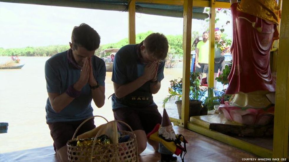Will and James of 32nd The Amazing Race at a shrine in Cambodia
