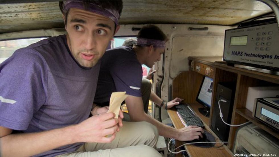 Will and James of 32nd The Amazing Race doing smog tests in a tiny van in India