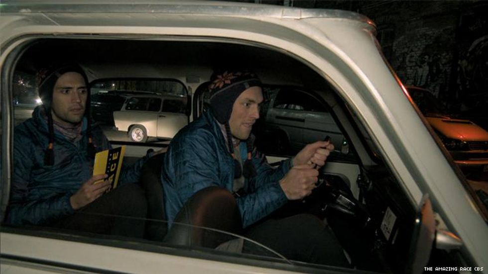 Will and James of 32nd The Amazing Race Driving a Trabi in Berlin