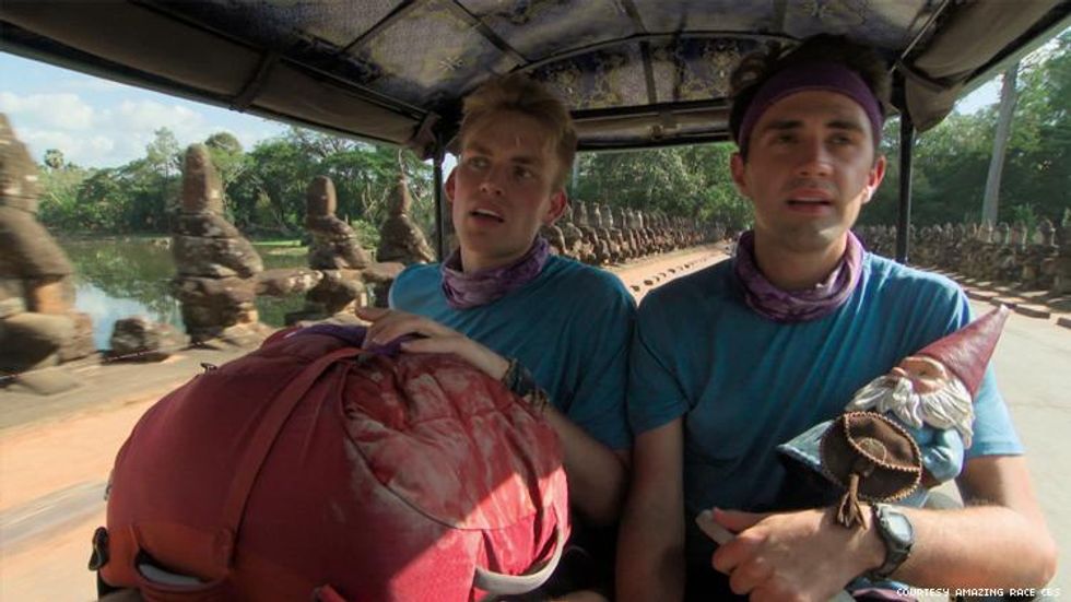 Will and James of 32nd The Amazing Race on boat in Cambodia