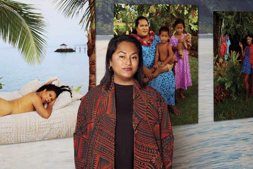 Yuki Kihara with images from Paradise Camp by Luke Walker