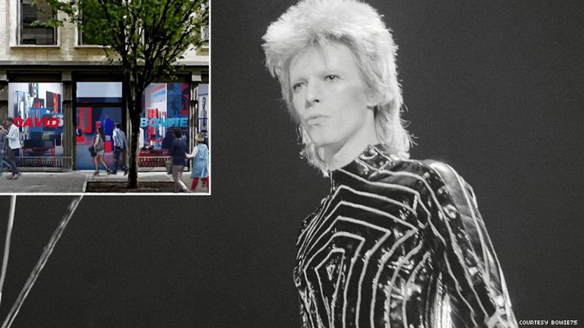 Ziggy Stardust with inset imagine of pop-up store