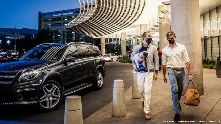 Gay Couple tourists with dog in Las Vegas
