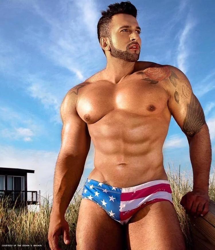 muscled man in US flag swim suit