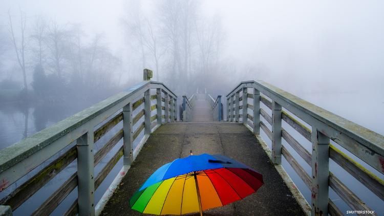 Seattle Fog over a foot bridge Rainbow Umbrella