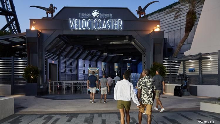 Entrance to VelociCoaster Jurassic World rollercoaster in Florida