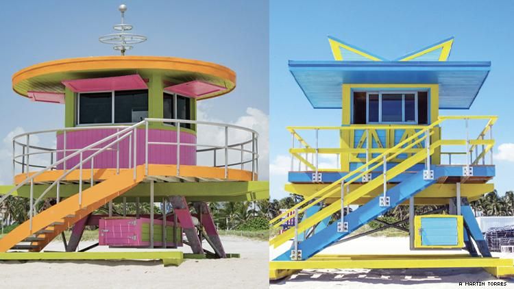 Two of Miami Beach's colorful lifeguard shacks