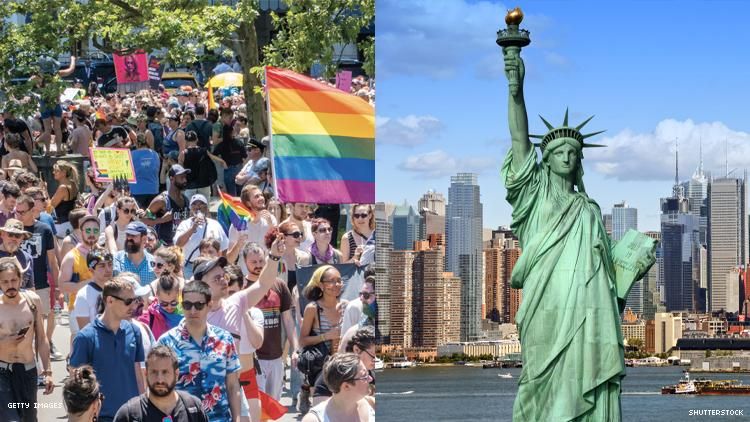 New York Pride on the left, the Statue of Liberty on the Right