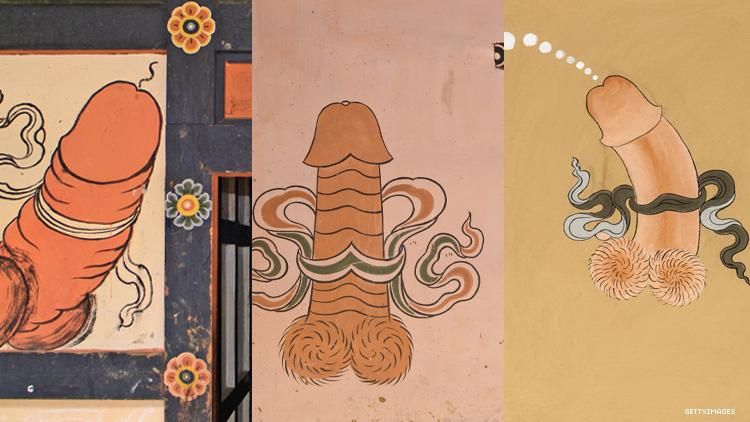 A triplet of Bhutan penis murals