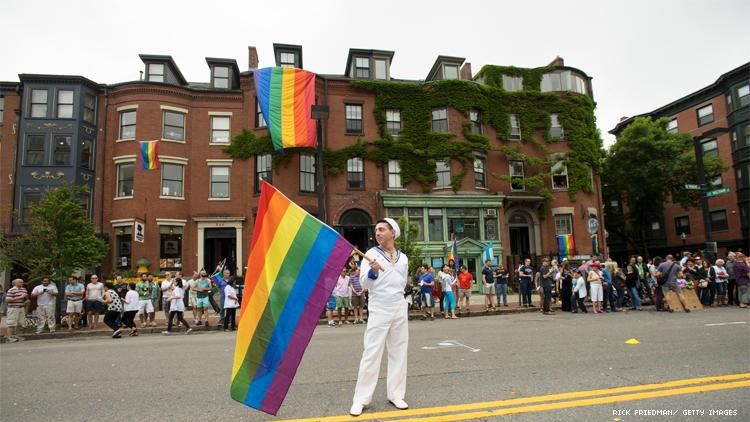 Sailor with Rainbow Flag at Boston LGBTQ Pride Parade