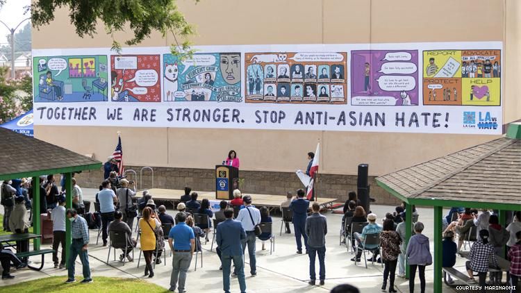 Photo of the reveal of MariNaomi Stop Anti-Asian Hate Mural 
