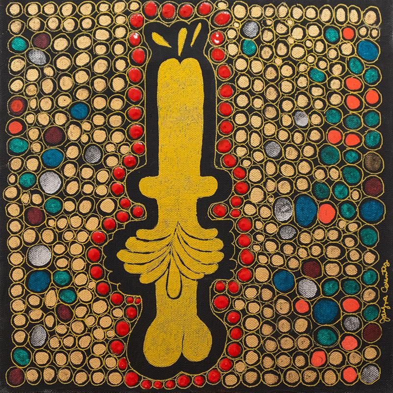 Jayne County, Red Ring Cock Gold, 2020, acrylic and ink on canvas, 12 x 12 inches